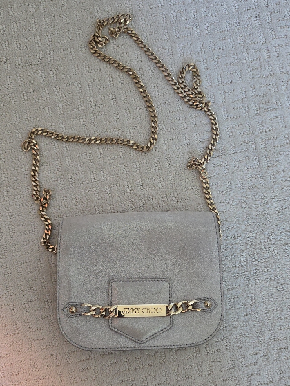 Jimmy Choo Taupe Suede Crossbody Bag with Gold Chain